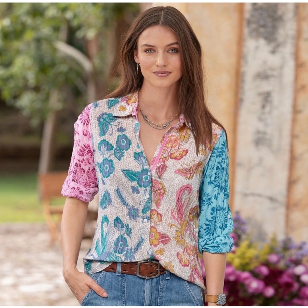 Cino | Flying Peacock Crinkle Shirt Pink Blue White Yellow Sz XL